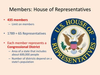 Members: House of Representatives
• 435 members
– Limit on members
• 1789 = 65 Representatives
• Each member represents a
Congressional District
– Area of a state that includes
about 600,000 people
– Number of districts depend on a
state’s population
 