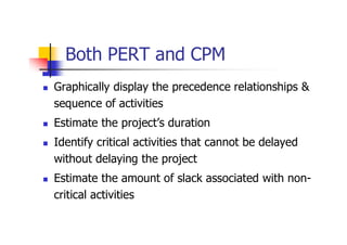 Both PERT and CPM
 Graphically display the precedence relationships &
sequence of activities
 Estimate the project’s duration
 Identify critical activities that cannot be delayed
without delaying the project
 Estimate the amount of slack associated with non-
critical activities
 