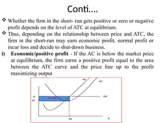 Conti….
 Whether the firm in the short- run gets positive or zero or negative
profit depends on the level of ATC at equilibrium.
 Thus, depending on the relationship between price and ATC, the
firm in the short-run may earn economic profit, normal profit or
incur loss and decide to shut-down business.
i) Economic/positive profit - If the AC is below the market price
at equilibrium, the firm earns a positive profit equal to the area
between the ATC curve and the price line up to the profit
maximizing output
 