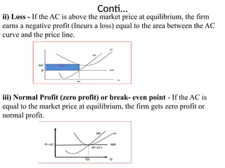 Conti…
ii) Loss - If the AC is above the market price at equilibrium, the firm
earns a negative profit (Incurs a loss) equal to the area between the AC
curve and the price line.
iii) Normal Profit (zero profit) or break- even point - If the AC is
equal to the market price at equilibrium, the firm gets zero profit or
normal profit.
 