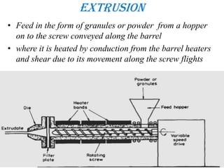 Extrusion
• Feed in the form of granules or powder from a hopper
on to the screw conveyed along the barrel
• where it is heated by conduction from the barrel heaters
and shear due to its movement along the screw flights
 
