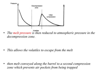• The melt pressure is then reduced to atmospheric pressure in the
decompression zone.
• This allows the volatiles to escape from the melt
• then melt conveyed along the barrel to a second compression
zone which prevents air pockets from being trapped
 