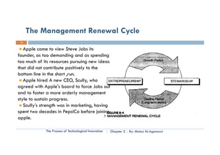 The Management Renewal Cycle
 12


   Apple came to view Steve Jobs its
founder, as too demanding and as spending
too much of its resources pursuing new ideas
that did not contribute positively to the
bottom line in the short ,run.
   Apple hired A new CEO, Scully, who
agreed with Apple's b d to force Jobs out
       d ith A l board t f             J b    t
and to foster a more orderly management
style to sustain progress.
   Scully’s strength was in marketing, having
spent two decades in PepsiCo before joining
app e.
apple.

              The Process of Technological Innovation   Chapter 5   By: Motaz Al-Agamawi
 