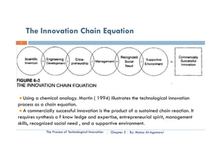 The Innovation Chain Equation
 7




   Using a chemical analogy. Martin ( 1994) illustrates the technological innovation
                h i       ti
process as a chain equation.
   A commercially successful innovation is the product of a sustained chain reaction. It
requires synthesis o f know ledge and expertise, entrepreneurial spirit, management
skills, recognized social need , and a supportive environment.
              The Process of Technological Innovation   Chapter 5   By: Motaz Al-Agamawi
 