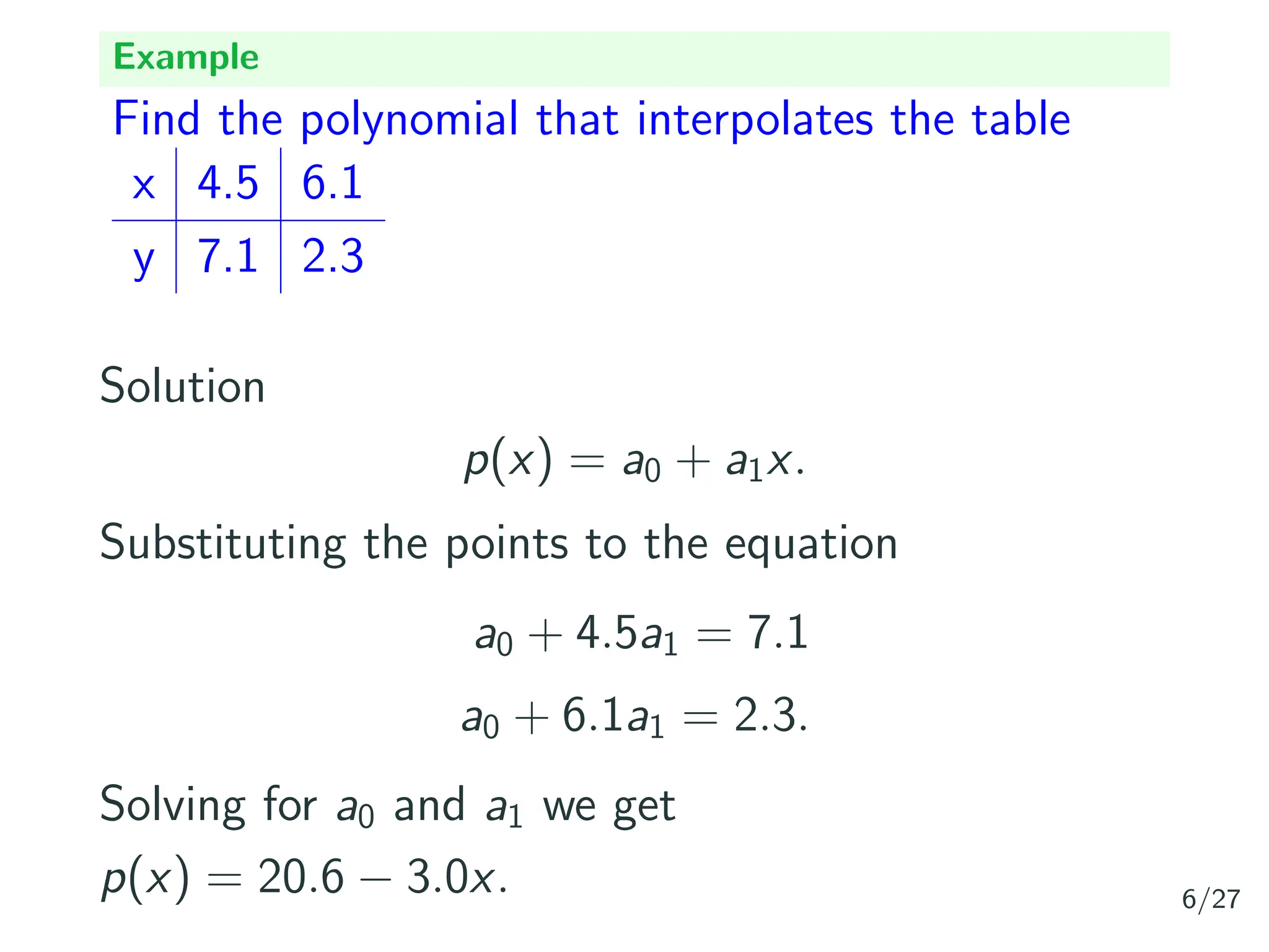 Example
Find the polynomial that interpolates the table
x 4.5 6.1
y 7.1 2.3
Solution
p(x) = a0 + a1x.
Substituting the points to the equation
a0 + 4.5a1 = 7.1
a0 + 6.1a1 = 2.3.
Solving for a0 and a1 we get
p(x) = 20.6 − 3.0x. 6/27
 