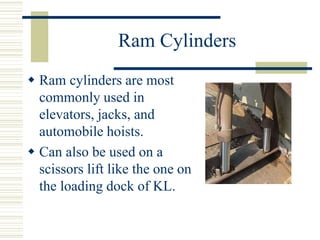 Ram Cylinders
 Ram cylinders are most
commonly used in
elevators, jacks, and
automobile hoists.
 Can also be used on a
scissors lift like the one on
the loading dock of KL.
 
