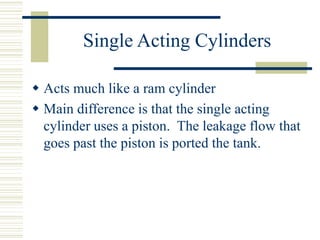 Single Acting Cylinders
 Acts much like a ram cylinder
 Main difference is that the single acting
cylinder uses a piston. The leakage flow that
goes past the piston is ported the tank.
 
