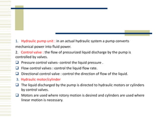1. Hydraulic pump unit : in an actual hydraulic system a pump converts
mechanical power into fluid power.
2. Control valve : the flow of pressurized liquid discharge by the pump is
controlled by valves.
 Pressure control valves- control the liquid pressure .
 Flow control valves : control the liquid flow rate.
 Directional control valve : control the direction of flow of the liquid.
3. Hydraulic motor/cylinder
 The liquid discharged by the pump is directed to hydraulic motors or cylinders
by control valves.
 Motors are used where rotory motion is desired and cylinders are used where
linear motion is necessary.
 