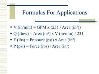 Formulas For Applications
 V (in/min) = GPM x (231 / Area (in²))
 Q (flow) = Area (in²) x V (in/min) / 231
 F (lbs) = Pressure (psi) x Area (in²)
 P (psi) = Force (lbs) / Area (in²)
 