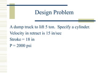 Design Problem
A dump truck to lift 5 ton. Specify a cylinder.
Velocity in retract is 15 in/sec
Stroke = 18 in
P = 2000 psi
 
