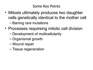 • Mitosis ultimately produces two daughter
cells genetically identical to the mother cell
– Barring rare mutations
• Processes requireing mitotic cell division
– Development of multicellularity
– Organismal growth
– Wound repair
– Tissue regeneration
Some Key Points
 