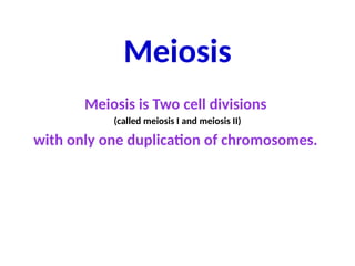 Meiosis
Meiosis is Two cell divisions
(called meiosis I and meiosis II)
with only one duplication of chromosomes.
 