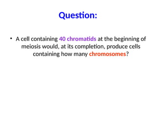 Question:
• A cell containing 40 chromatids at the beginning of
meiosis would, at its completion, produce cells
containing how many chromosomes?
 