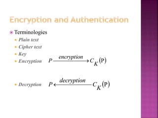 31
 Terminologies
 Plain text
 Cipher text
 Key
 Encryption
 Decryption
 
P
K
C
encryption
P 



 

 
P
K
C
decryption
P 



 

 