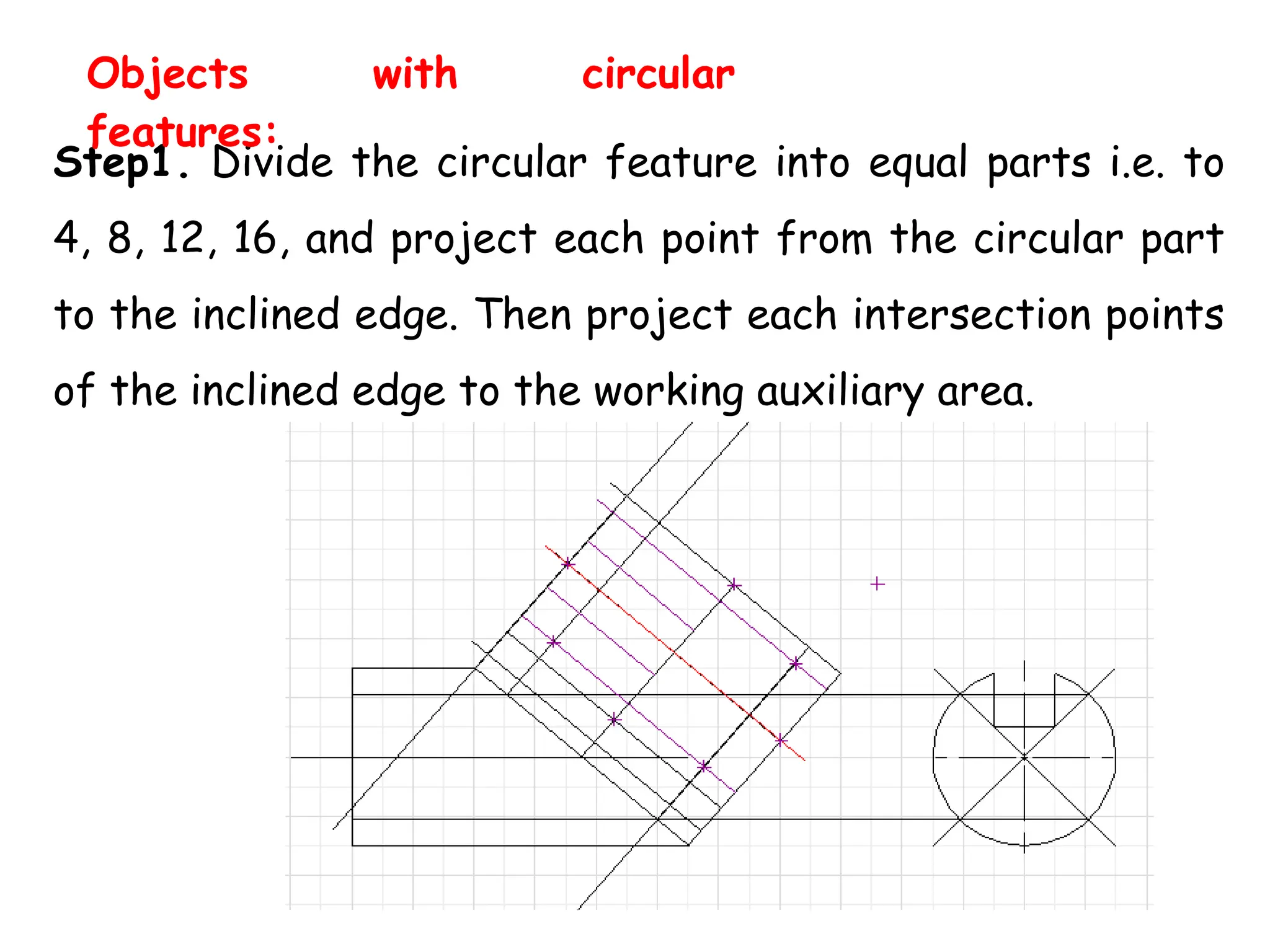 Step1. Divide the circular feature into equal parts i.e. to
4, 8, 12, 16, and project each point from the circular part
to the inclined edge. Then project each intersection points
of the inclined edge to the working auxiliary area.
Objects with circular
features:
 