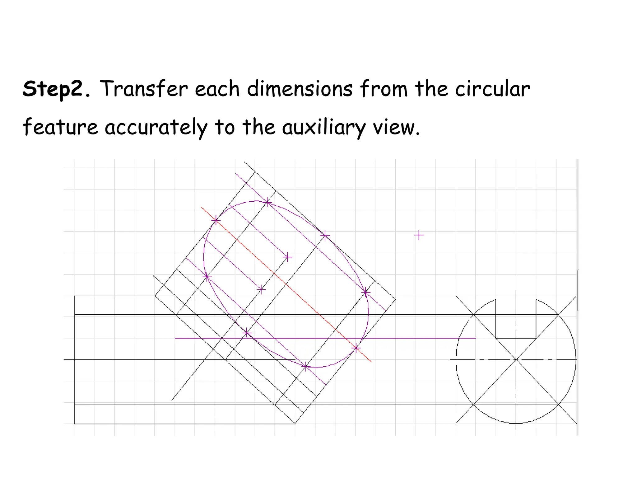 Step2. Transfer each dimensions from the circular
feature accurately to the auxiliary view.
 