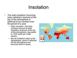 Insolation The total insolation (incoming solar radiation) received at the top of the atmosphere is believed to be constant over the period of a year. Solar constant—the fairly constant amount of solar insolation received at the top of the atmosphere; equivalent to 1372 watts per meter square. Not all insolation stays in the atmosphere; some is reflected off the atmosphere and bounces back to space. 