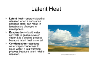 Latent Heat  Latent heat —energy stored or released when a substance changes state; can result in temperature changes in atmosphere. Evaporation —liquid water converts to gaseous water vapor; it is a cooling process because latent heat is stored. Condensation —gaseous water vapor condenses to liquid water; it is a warming process because latent heat is released. 