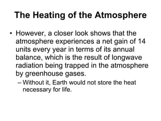 The Heating of the Atmosphere However, a closer look shows that the atmosphere experiences a net gain of 14 units every year in terms of its annual balance, which is the result of longwave radiation being trapped in the atmosphere by greenhouse gases.  Without it, Earth would not store the heat necessary for life. 