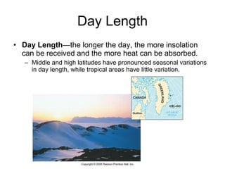 Day Length Day Length —the longer the day, the more insolation can be received and the more heat can be absorbed.  Middle and high latitudes have pronounced seasonal variations in day length, while tropical areas have little variation. 