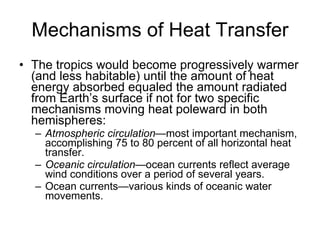 Mechanisms of Heat Transfer The tropics would become progressively warmer (and less habitable) until the amount of heat energy absorbed equaled the amount radiated from Earth’s surface if not for two specific mechanisms moving heat poleward in both hemispheres: Atmospheric circulation —most important mechanism, accomplishing 75 to 80 percent of all horizontal heat transfer. Oceanic circulation —ocean currents reflect average wind conditions over a period of several years. Ocean currents—various kinds of oceanic water movements. 
