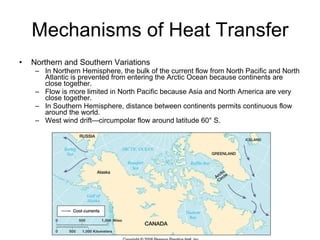 Mechanisms of Heat Transfer Northern and Southern Variations In Northern Hemisphere, the bulk of the current flow from North Pacific and North Atlantic is prevented from entering the Arctic Ocean because continents are close together.  Flow is more limited in North Pacific because Asia and North America are very close together. In Southern Hemisphere, distance between continents permits continuous flow around the world.  West wind drift—circumpolar flow around latitude 60° S. 