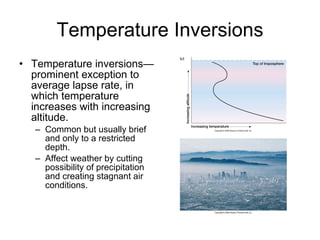 Temperature Inversions Temperature inversions—prominent exception to average lapse rate, in which temperature increases with increasing altitude.  Common but usually brief and only to a restricted depth. Affect weather by cutting possibility of precipitation and creating stagnant air conditions. 
