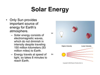 Solar Energy Only Sun provides important source of energy for Earth’s atmosphere. Solar energy consists of electromagnetic waves, which do not diminish in intensity despite traveling 150 million kilometers (93 million miles) to Earth.  Energy travels at speed of light, so takes 8 minutes to reach Earth. 