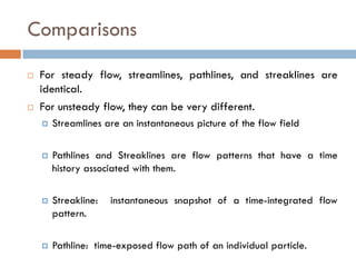 Comparisons
 For steady flow, streamlines, pathlines, and streaklines are
identical.
 For unsteady flow, they can be very different.
 Streamlines are an instantaneous picture of the flow field
 Pathlines and Streaklines are flow patterns that have a time
history associated with them.
 Streakline: instantaneous snapshot of a time-integrated flow
pattern.
 Pathline: time-exposed flow path of an individual particle.
 