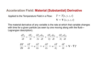 Acceleration Field: Material (Substantial) Derivative
Applied to the Temperature Field in a Flow:
The material derivative of any variable is the rate at which that variable changes
with time for a given particle (as seen by one moving along with the fluid—
Lagrangian description).
 