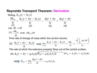 Reynolds Transport Theorem: Derivation
Noting,
Let,
Time rate of change of mass within the control volume:
The rate at which the extensive property flows out of the control surface:
(1) (2) (3) (4)
(1)
(2)
(4)
 