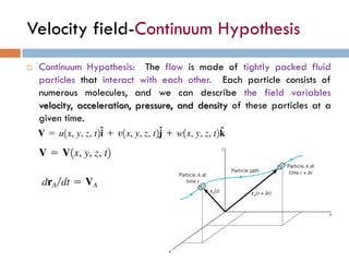 Velocity field-Continuum Hypothesis
 Continuum Hypothesis: The flow is made of tightly packed fluid
particles that interact with each other. Each particle consists of
numerous molecules, and we can describe the field variables
velocity, acceleration, pressure, and density of these particles at a
given time.
 