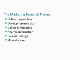 The Marketing Research Process
Define the problem
Develop research plan
Collect information
Analyze information
Present findings
Make decision
 