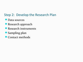 Step 2: Develop the Research Plan
Data sources
Research approach
Research instruments
Sampling plan
Contact methods
 