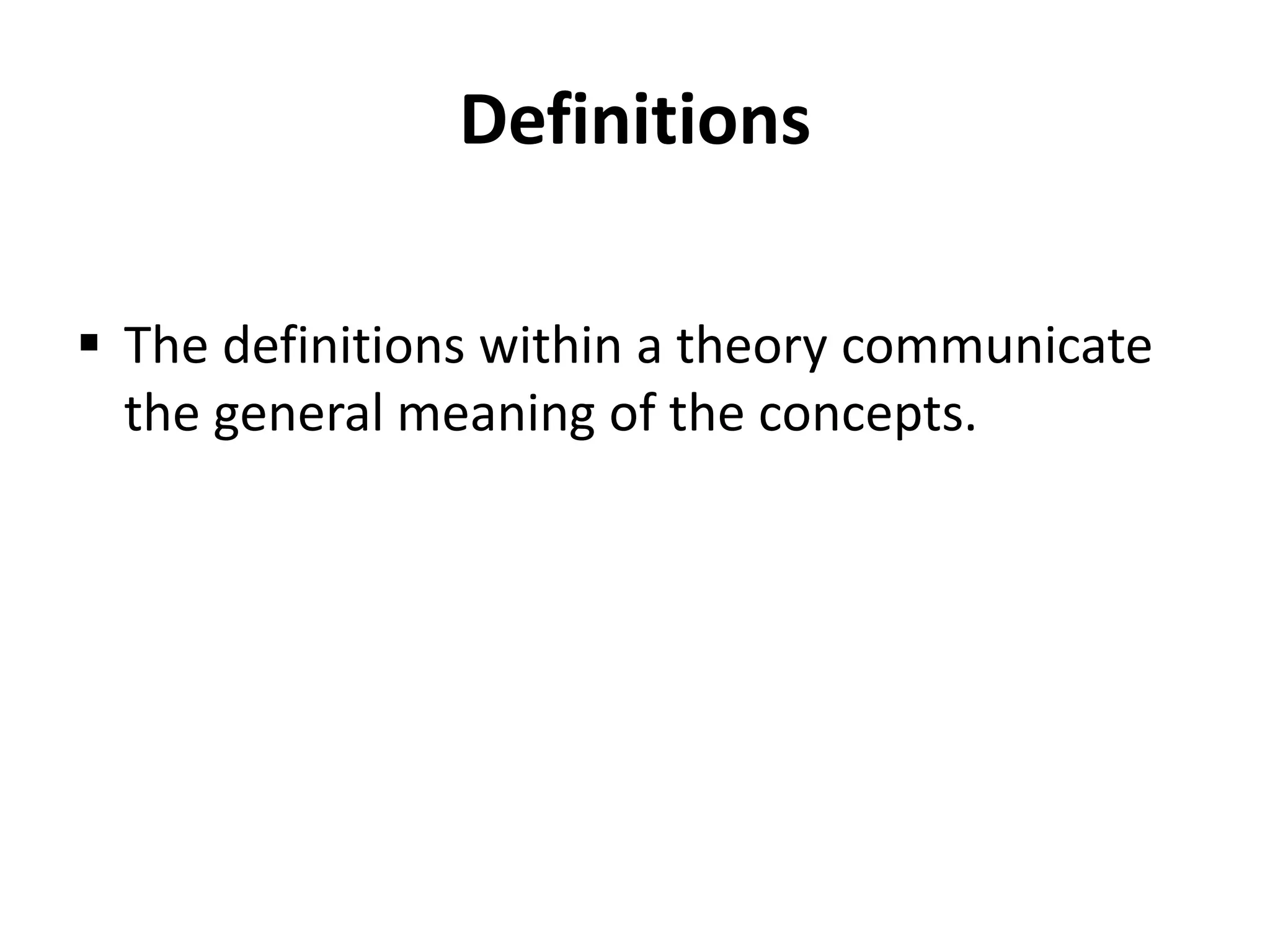 Definitions
 The definitions within a theory communicate
the general meaning of the concepts.
 