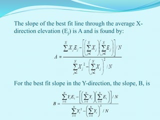 The slope of the best fit line through the average X-
direction elevation (Ej) is A and is found by:
For the best fit slope in the Y-direction, the slope, B, is
 



 






























N
i
N
i
i
i
N
i
i
N
i
i
N
i
i
i
N
Y
Y
N
E
Y
E
Y
B
1
2
1
2
1
1
1
/
/
 