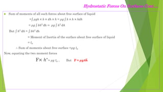 Hydrostatic Forces On Surfaces Cont.…
 Sum of moments of all such forces about free surface of liquid
= 𝜌𝑔ℎ × 𝑏 × 𝑑ℎ × ℎ = 𝜌𝑔 𝑏 × ℎ × ℎ𝑑ℎ
= 𝜌𝑔 𝑏ℎ2
dh = 𝜌𝑔 ℎ2
dA
But ℎ2 dA = 𝑏ℎ2 dh
= Moment of Inertia of the surface about free surface of liquid
= 𝐼𝑜
∴ Sum of moments about free surface =𝜌𝑔 𝐼𝑜
Now, equating the two moment forces
F× ℎ∗= 𝜌𝑔 𝐼𝑜 , But F = 𝝆𝒈𝑨𝒉
 