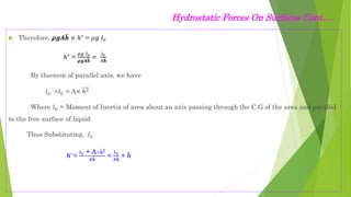 Hydrostatic Forces On Surfaces Cont.…
 Therefore, 𝝆𝒈𝑨𝒉 × ℎ∗
= 𝜌𝑔 𝐼𝑜
ℎ∗
=
𝜌𝑔 𝐼𝑜
𝝆𝒈𝑨𝒉
=
𝐼𝑜
𝐴𝒉
By theorem of parallel axis, we have
𝐼𝑜 =𝐼𝐺 + A× ℎ2
Where 𝐼𝐺 = Moment of Inertia of area about an axis passing through the C.G of the area and parallel
to the free surface of liquid
Thus Substituting, 𝐼𝑜
𝒉∗
=
𝑰𝑮 + A×𝒉𝟐
𝑨𝒉
=
𝑰𝑮
𝑨𝒉
+ 𝒉
 