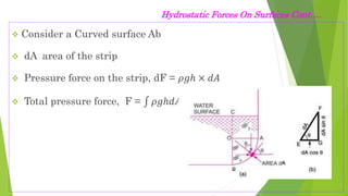 Hydrostatic Forces On Surfaces Cont.…
 Consider a Curved surface Ab
 dA area of the strip
 Pressure force on the strip, dF = 𝜌𝑔ℎ × 𝑑𝐴
 Total pressure force, F = 𝜌𝑔ℎ𝑑𝐴
 