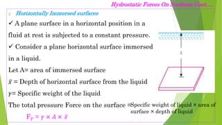 Hydrostatic Forces On Surfaces Cont.…
i. Horizontally Immersed surfaces
 A plane surface in a horizontal position in a
fluid at rest is subjected to a constant pressure.
 Consider a plane horizontal surface immersed
in a liquid.
Let A= area of immersed surface
𝑥 = Depth of horizontal surface from the liquid
𝛾= Specific weight of the liquid
The total pressure Force on the surface =
FP = 𝛾 × 𝐴 × 𝑥
Specific weight of liquid × area of
surface × depth of liquid
 