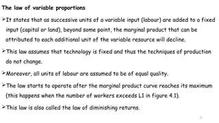 12
The law of variable proportions
It states that as successive units of a variable input (labour) are added to a fixed
input (capital or land), beyond some point, the marginal product that can be
attributed to each additional unit of the variable resource will decline.
This law assumes that technology is fixed and thus the techniques of production
do not change.
Moreover, all units of labour are assumed to be of equal quality.
The law starts to operate after the marginal product curve reaches its maximum
(this happens when the number of workers exceeds L1 in figure 4.1).
This law is also called the law of diminishing returns.
 