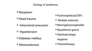 Etiology of strabismus
Neoplasm
Head trauma
 Intracranial aneurysm
 Hypertension
Diabetes mellitus
Atherosclerosis
Hydrocephalus(CSF)
 Multiple sclerosis
Meningitis/encephalitis
Myasthenia gravis
Ophthalmologic
migraine
Chemotherapy
 