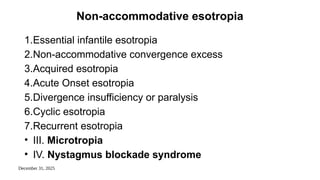 December 31, 2025
Non-accommodative esotropia
1.Essential infantile esotropia
2.Non-accommodative convergence excess
3.Acquired esotropia
4.Acute Onset esotropia
5.Divergence insufficiency or paralysis
6.Cyclic esotropia
7.Recurrent esotropia
• III. Microtropia
• IV. Nystagmus blockade syndrome
 