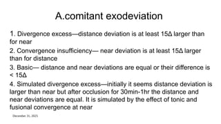 December 31, 2025
A.comitant exodeviation
1. Divergence excess—distance deviation is at least 15Δ larger than
for near
2. Convergence insufficiency— near deviation is at least 15Δ larger
than for distance
3. Basic— distance and near deviations are equal or their difference is
< 15Δ
4. Simulated divergence excess—initially it seems distance deviation is
larger than near but after occlusion for 30min-1hr the distance and
near deviations are equal. It is simulated by the effect of tonic and
fusional convergence at near
 