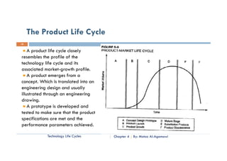 The Product Life Cycle
18

    A product life cycle closely
resembles the profile of the
technology life cycle and its
associated market-growth profile.
    A product emerges from a
concept. Which is translated into an
engineering design and usually
illustrated through an engineering
drawing.
    A prototype is developed and
tested to make sure that the product
specifications are met and the
performance parameters achieved.
     f                  t      hi d

            Technology Life Cycles     Chapter 4   By: Motaz Al-Agamawi
 