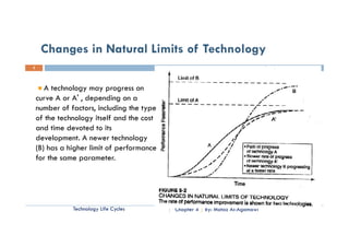 Changes in Natural Limits of Technology
5




       A technology may progress on
    curve A or A' , depending on a
    number of factors, including the type
    of the technology itself and the cost
    and time devoted to its
    development. A newer technology
    d l          t           t h l
    (B) has a higher limit of performance
    for the same parameter.




               Technology Life Cycles       Chapter 4   By: Motaz Al-Agamawi
 
