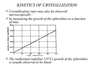 KINETICS OF CRYSTALLIZATION
 Crystallization rates may also be observed
microscopically :
 by measuring the growth of the spherulites as a function
of time
 The isothermal radial(at 125°C) growth of the spherulites
is usually observed to be linear
 