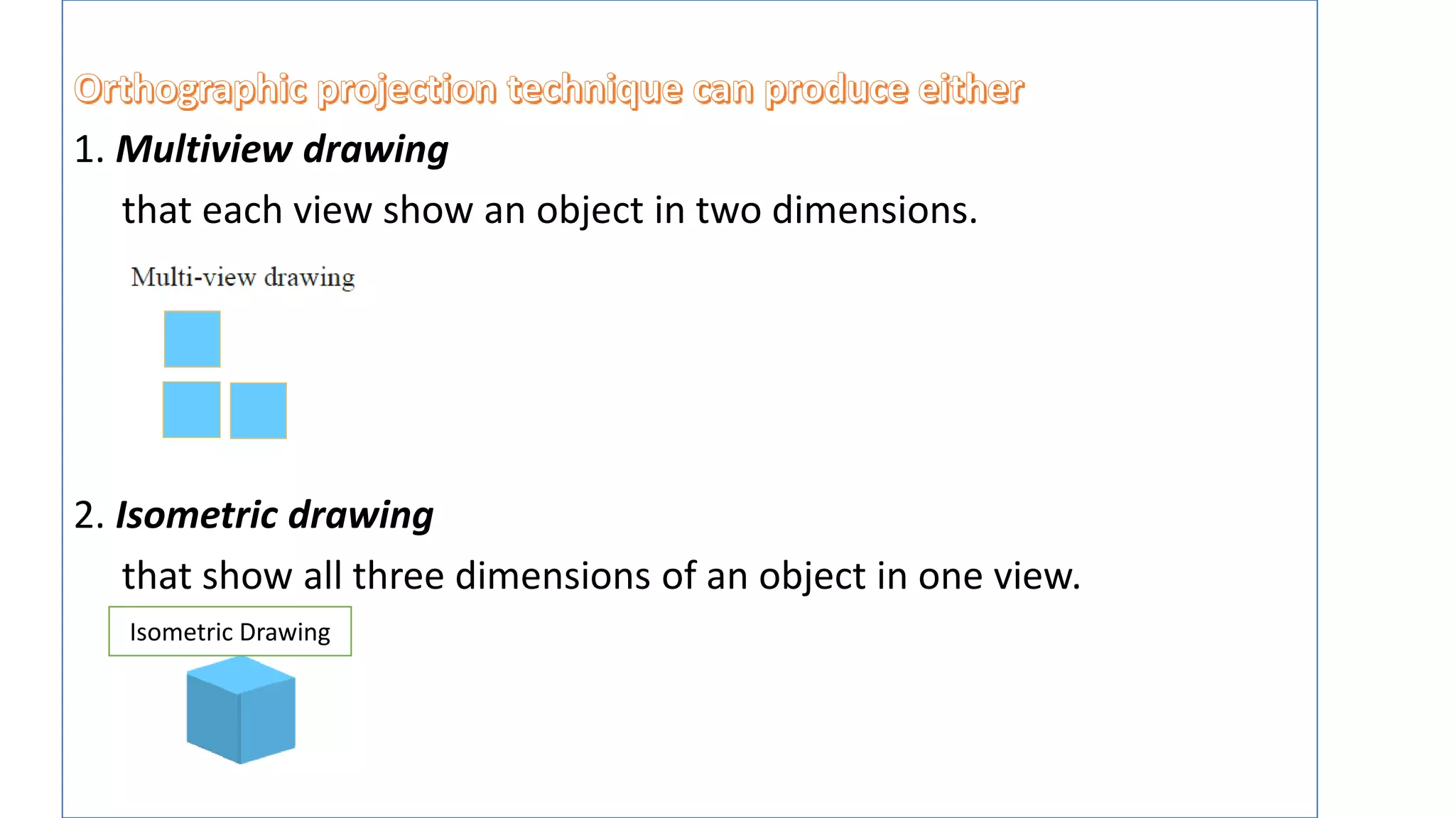 1. Multiview drawing
that each view show an object in two dimensions.
2. Isometric drawing
that show all three dimensions of an object in one view.
Isometric Drawing