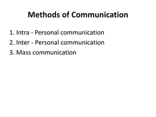 Methods of Communication
1. Intra - Personal communication
2. Inter - Personal communication
3. Mass communication
 