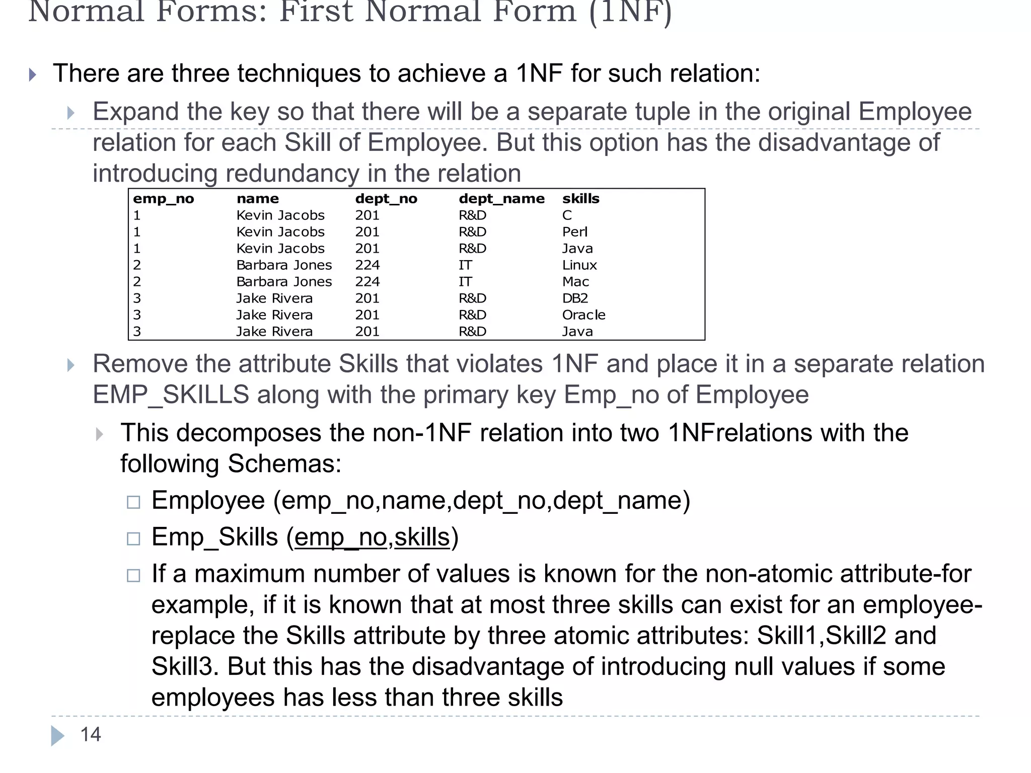 Normal Forms: First Normal Form (1NF)
 There are three techniques to achieve a 1NF for such relation:
 Expand the key so that there will be a separate tuple in the original Employee
relation for each Skill of Employee. But this option has the disadvantage of
introducing redundancy in the relation
 Remove the attribute Skills that violates 1NF and place it in a separate relation
EMP_SKILLS along with the primary key Emp_no of Employee
 This decomposes the non-1NF relation into two 1NFrelations with the
following Schemas:
 Employee (emp_no,name,dept_no,dept_name)
 Emp_Skills (emp_no,skills)
 If a maximum number of values is known for the non-atomic attribute-for
example, if it is known that at most three skills can exist for an employee-
replace the Skills attribute by three atomic attributes: Skill1,Skill2 and
Skill3. But this has the disadvantage of introducing null values if some
employees has less than three skills
emp_no name dept_no dept_name skills
1 Kevin Jacobs 201 R&D C
1 Kevin Jacobs 201 R&D Perl
1 Kevin Jacobs 201 R&D Java
2 Barbara Jones 224 IT Linux
2 Barbara Jones 224 IT Mac
3 Jake Rivera 201 R&D DB2
3 Jake Rivera 201 R&D Oracle
3 Jake Rivera 201 R&D Java
14
 